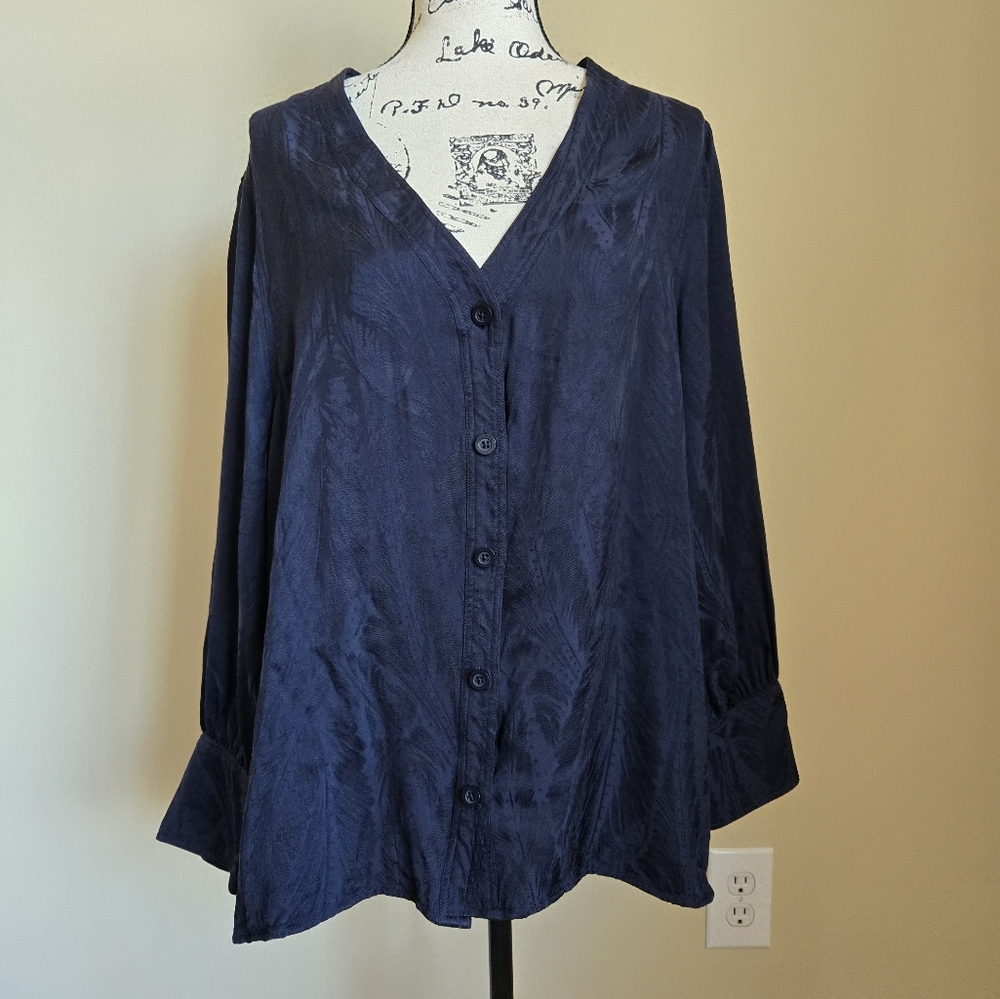 Autograph blouse navy blue textured button front womens 24